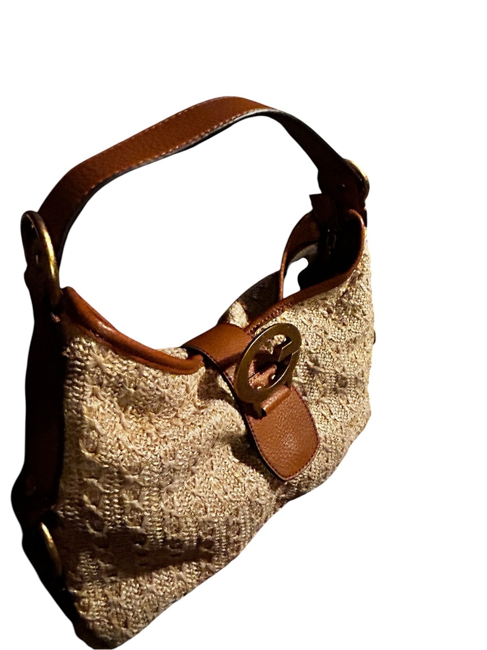 Woven Straw and Brown Leather Shoulder Guess Bag